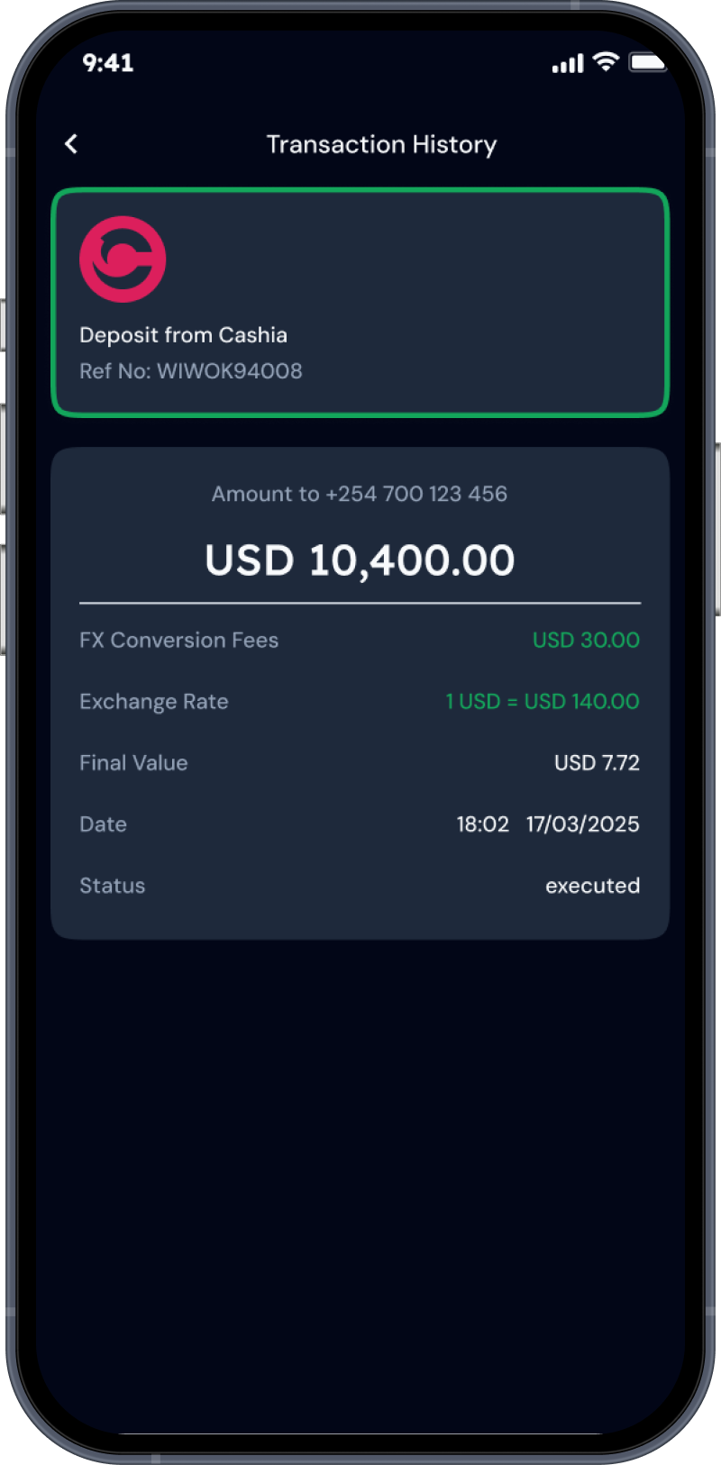 Transaction History showing FX Conversion Fees
